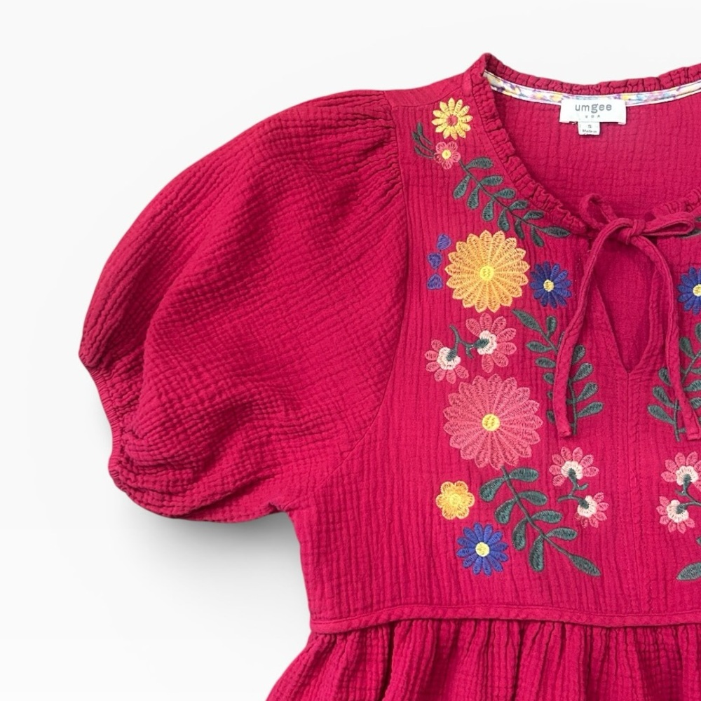 Umgee Cotton Gauze Floral Embroidery Babydoll Blouse in Deep Rose Size Small - Picture 9 of 12